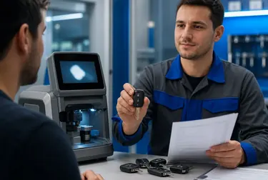 Chaveiro trabalhando em uma máquina para fazer uma chave codificada em Araçatuba.