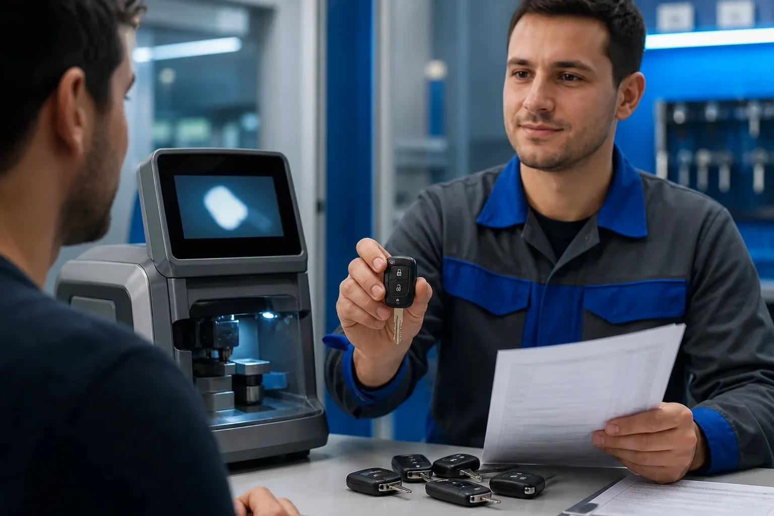 Chaveiro trabalhando em uma máquina para fazer uma chave codificada em Araçatuba.