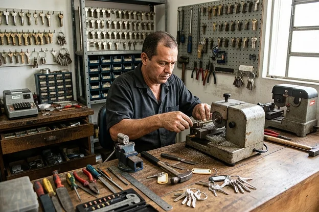 Profissional de chaveiro em Araçatuba organizando ferramentas e chaves em sua bancada.