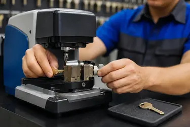 Técnico confeccionando cópias de chaves em laboratório de chaveiro.