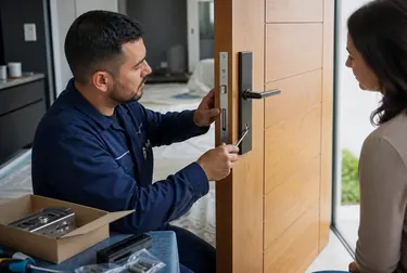 Técnico instalando uma nova fechadura em uma porta em Araçatuba.