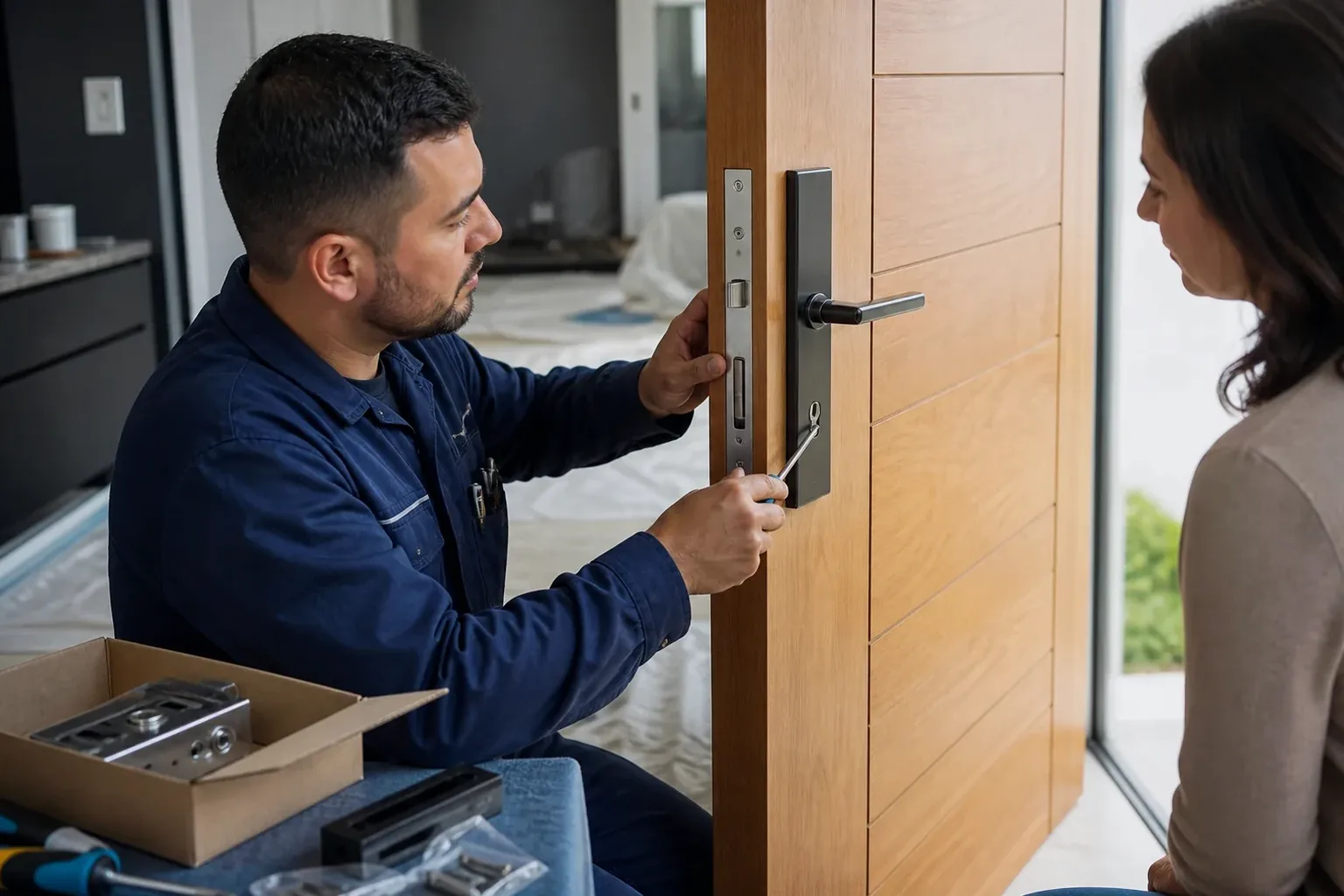 Técnico instalando uma nova fechadura em uma porta em Araçatuba.